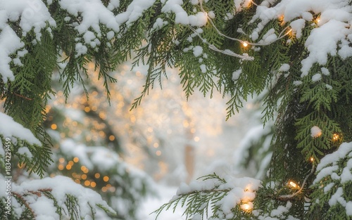 Snow-Dusted Christmas Tree Branches with Sparkling Lights