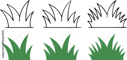 Different style fresh green grass tufts line art and flat graphic