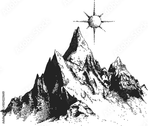 Mountain peak sketch, hand drawn vector with sun and rugged rocky slopes. Vector illustration