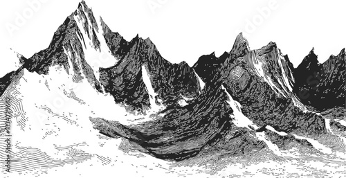 Mountain range sketch hand drawn black and white rugged peaks landscape. Vector illustration