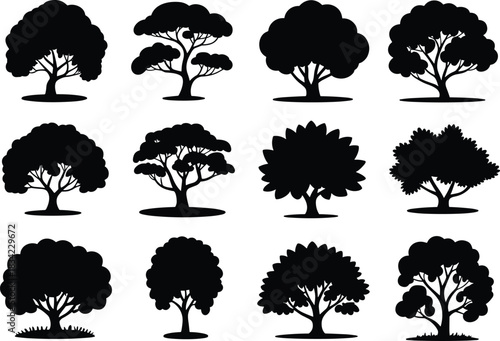 Large Collection of Twelve Unique Black Silhouette Deciduous and Evergreen Tree Vector Icons, Illustrating Nature, Ecology, Forestry, Diverse Landscape Design, and Woodland