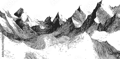 Mountain range sketch hand drawn dramatic peaks and valleys landscape. Vector illustration