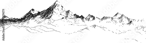 Mountain range sketch hand drawn vector with rugged peaks and shaded slopes. Vector illustration
