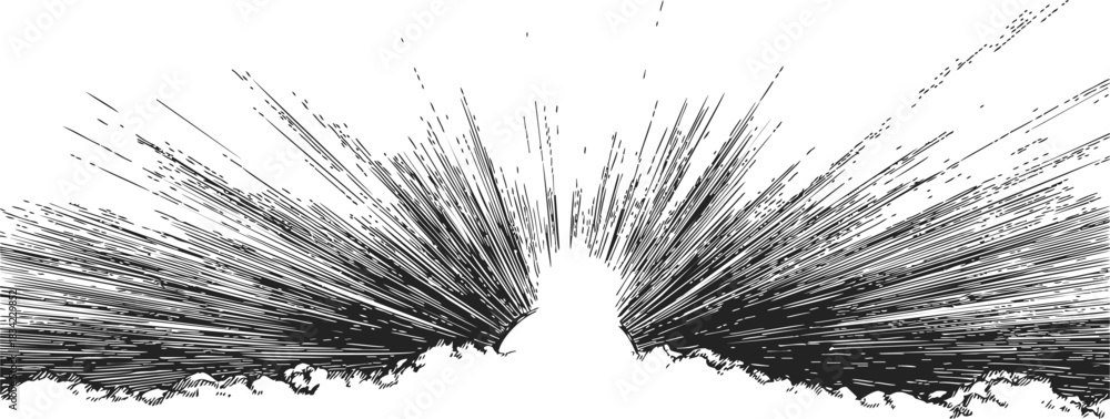 Obraz premium Sunrise sketch hand drawn sunburst rays over horizon in black and white. Vector illustration