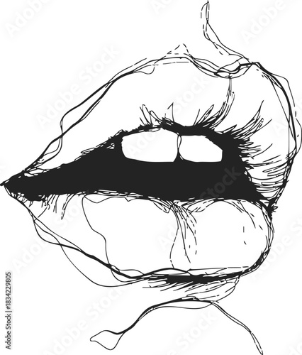 Lips sketch hand drawn abstract open mouth with teeth. Vector illustration