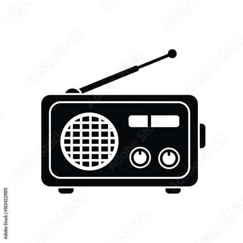 Black vintage radio silhouette icon radio, audio, sound, music, broadcast, reception