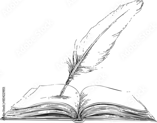 Quill pen and open book sketch, hand drawn vintage writing scene. Vector illustration