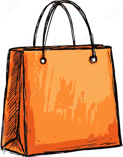 Orange shopping bag sketch, hand drawn style with handles and side folds. Vector illustration