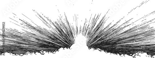 Sunrise sketch hand drawn sunburst rays over horizon in black and white. Vector illustration