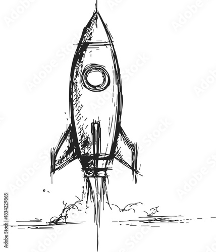 Rocket ship sketch hand drawn launching with smoke and flames. Vector illustration