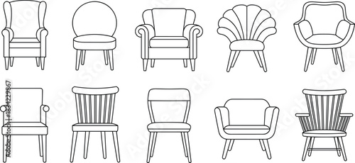 Set of Ten Outline Line Art Vector Icons of Different Furniture Armchairs and Dining Chairs, Illustrating Interior Design, Home Decoration, Comfort, Modern, and Vintage Furnishings
