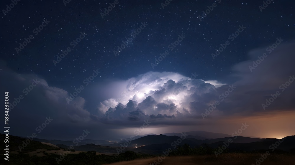 Fototapeta premium A dramatic thunderstorm with lightning flashes illuminates towering storm clouds against a starry night sky over a dark mountain landscape