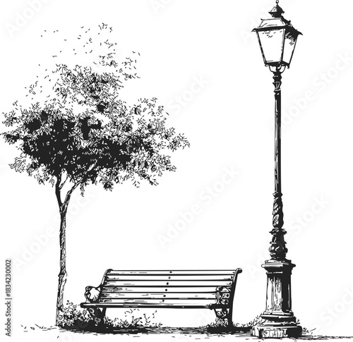 Park bench sketch with tree and vintage street lamp, hand drawn outdoor scene. Vector illustration