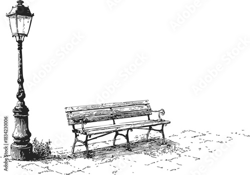 Park bench sketch, hand drawn style with vintage street lamp and pavement. Vector illustration