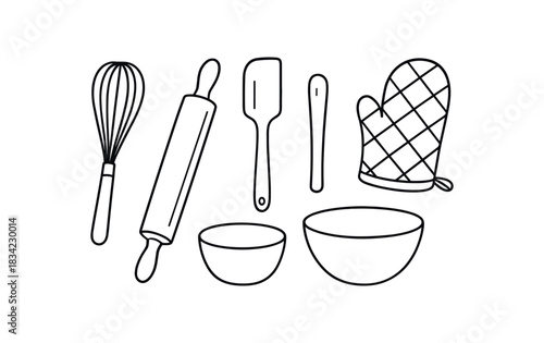 five baking tools whisk rolling pin spatula mixing bowl oven mitt flat vector illustration clean black line art minimal detail no color white background handdrawn look isolated composition