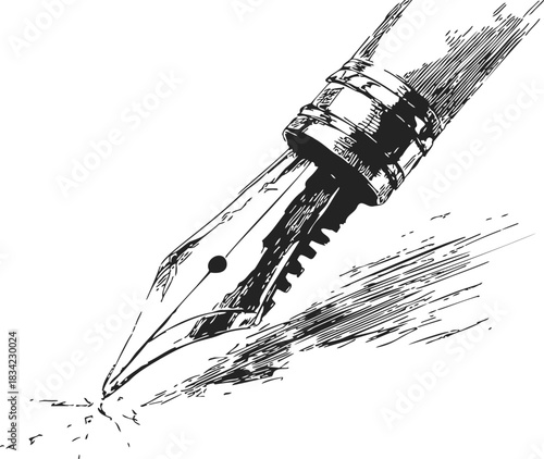 Fountain pen sketch hand drawn nib close up with ink strokes. Vector illustration