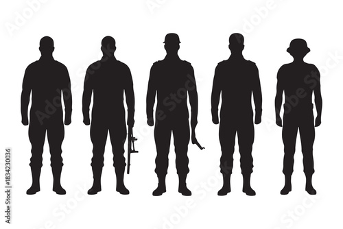  Silhouettes of five soldiers standing in a row against a white background