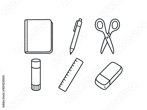 six stationery tools notebook pen scissors glue stick ruler eraser flat vector illustration clean black line art minimal detail no color white background handdrawn look isolated composition
