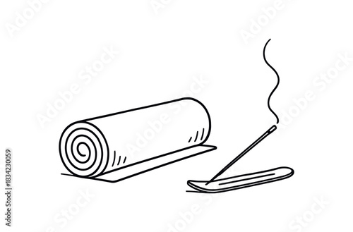 two yoga and relaxation items rolled mat incense holder with smoke flat vector illustration clean black line art minimal detail no color white background handdrawn look isolated composition