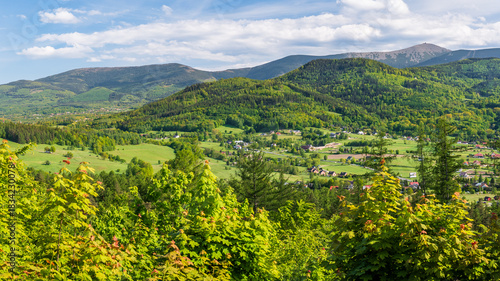 Fototapeta Naklejka Na Ścianę i Meble -  The Giant Mountains, the Western Sudetes, overlooking a mountain valley and mountains with dense forests on their slopes. A panoramic view on a sunny summer day.