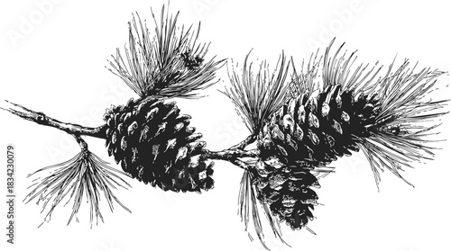 Pine cone branch sketch, hand drawn botanical illustration with needles. Vector illustration
