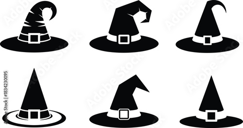 Black Silhouette Witch Hats Set Vector Illustration, Illustrating Halloween Costume, Magic, Sorcery, Spooky Decoration, Wizard Accessory, and Mysterious Party Concept Graphic