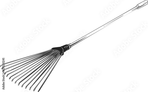 Leaf rake sketch hand drawn garden tool with long handle and fanned tines. Vector illustration