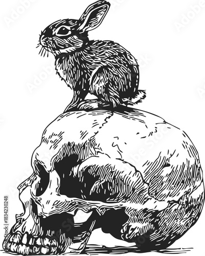 Rabbit sitting on human skull, sketch hand drawn, detailed vintage illustration. Vector illustration