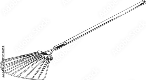 Leaf rake sketch, hand drawn garden tool with long handle and fan-shaped tines. Vector illustration