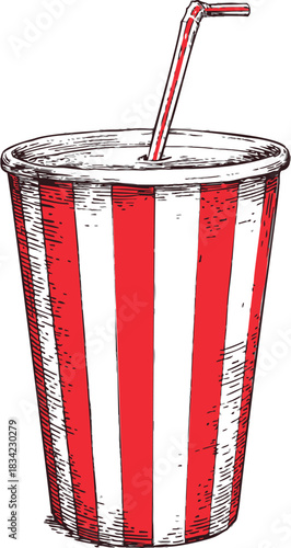 Red and white striped cup with straw, sketch hand drawn style. Vector illustration