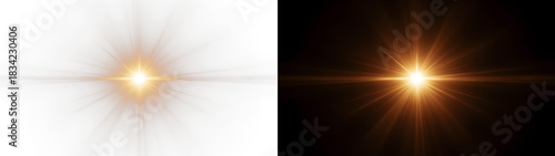 Warm golden starburst light flare effect isolated on transparent overlay PNG for magical designs with lens reflection, lens flare effect, Cinematic