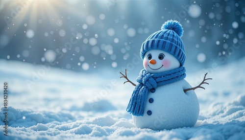 Adorable snowman warmly dressed in blue hat and scarf cheerfully celebrates the winter snowfall season, radiating festive joy and charm in a snow-covered landscape