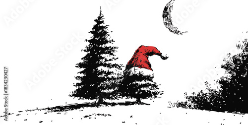 Christmas tree sketch with Santa hat on snowy hill, crescent moon night. Vector illustration