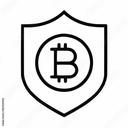 Line icon of a shield with Bitcoin symbol — crypto security, black on white, square minimalist style