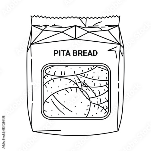 Hand drawn illustration of a bag of pita bread with a window showing the bread inside