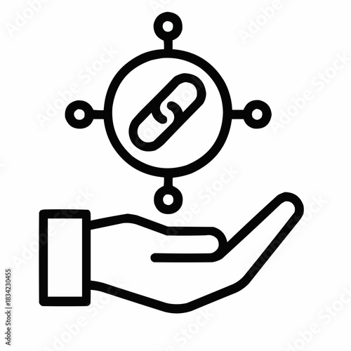 Line icon of a hand holding a coin with blockchain symbol, black on white, square minimalist style