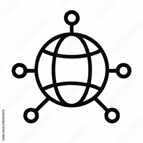 Line icon of a globe with blockchain nodes, black on white, square minimalist style