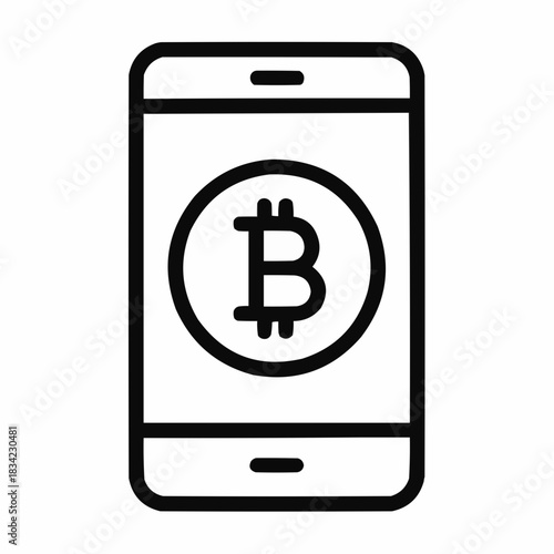 Line icon of a smartphone with crypto coin symbol, black on white, square minimalist style
