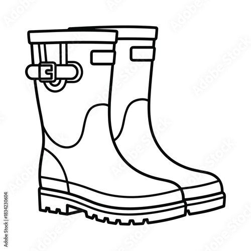 Black and white line drawing illustration of a pair of tall rubber rain boots with buckles