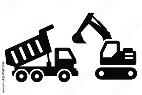 Construction Vehicles Icon Set Dump Truck and Excavator construction, vehicle, truck