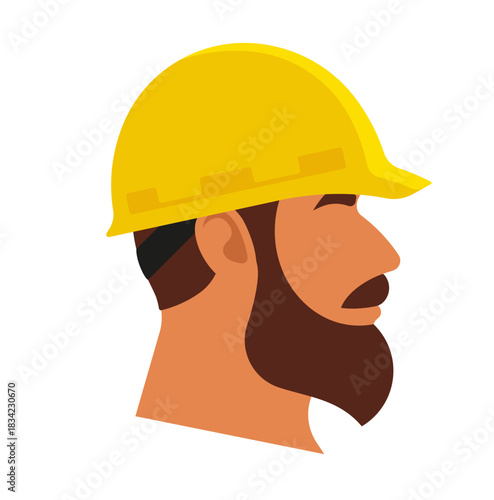 Construction worker in hard hat. Side view of bearded man wearing safety helmet. Simplicity vector illustration, isolated.