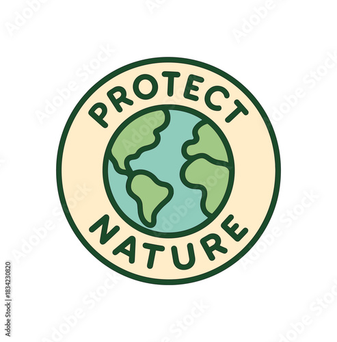 Flat vector illustration of small eco badge circle with text protect nature and tiny globe soft rounded shapes clean outline earth day cozy eco style