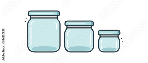 Flat vector illustration glass storage containers with removable lids and tiny accent lines rounded forms zero contain
