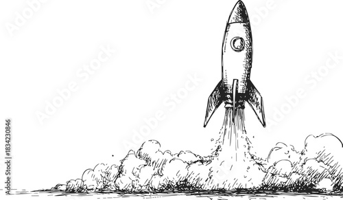 Rocket sketch hand drawn launching with smoke and flames. Vector illustration