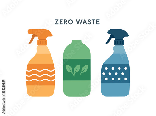 Flat vector illustration refill bottles for home cleaners with simple pattern bands rounded silhouettes zero contain