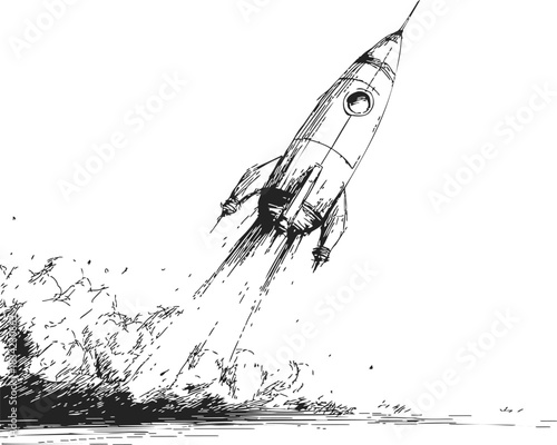 Rocket launch sketch, hand drawn style with smoke and dynamic liftoff scene. Vector illustration