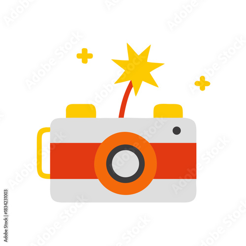 Retro camera with a bright flash and yellow strap, isolated on a black background.