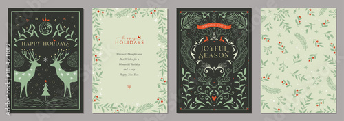 Winter Woodland Luxury Holiday cards. Christmas templates with decorative Christmas tree, ornate elements, reindeers, floral backgrounds and frames with copy space and greetings.