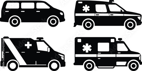 Collection of Ambulance and Emergency Medical Service Vehicle Silhouettes Vector Icons, Perfect for Healthcare, First Aid, Rescue, Hospital, and Medical Graphic Design Elements