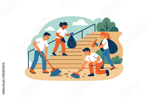 Flat vector illustration of bright volunteers cleaning public stairs with vivid brushes and bags rounded forms clean outline